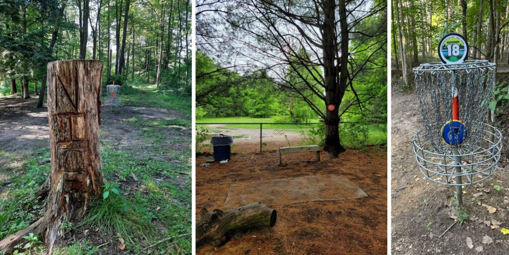 Three images of a disc golf course: a carved tree stump with a basket in the background, a tee area with a bench and trash can, and a disc golf basket marked with number 18.