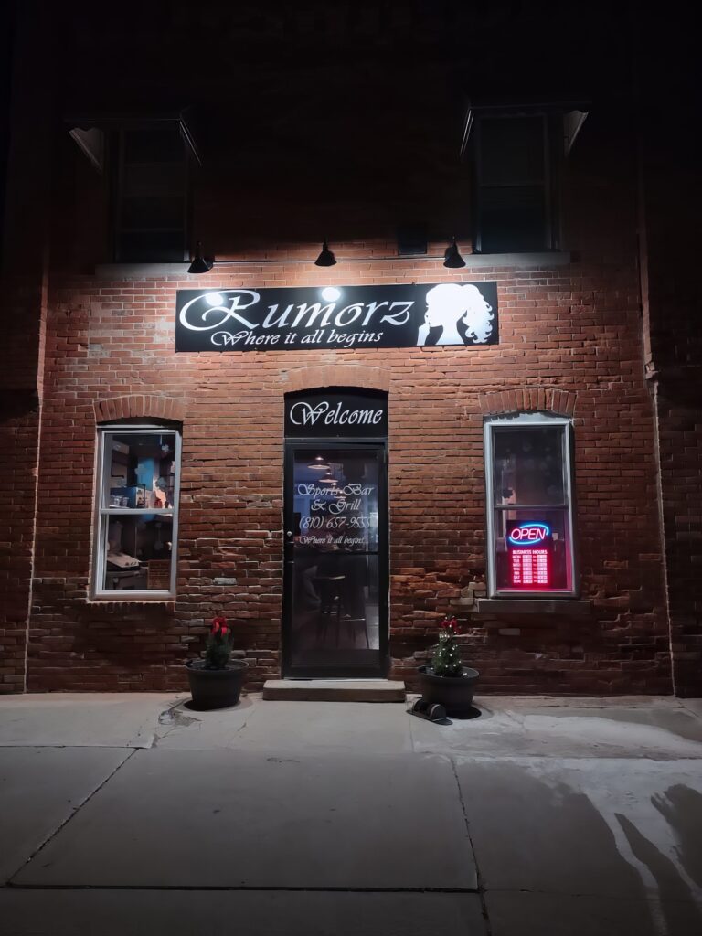Outside Rumorz sports bar and grill in Carsonville