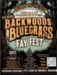 Promotional poster for the 6th Annual Backwoods Bluegrass Fay Fest, taking place from October 1st to 4th, 2026, at 4175 Clark Rd, Croswell, Michigan. Features various musicians and bands, including Dave Adkins and the Kevin Prater Band. Includes details on ordering tickets online or at the gate, along with contact information.