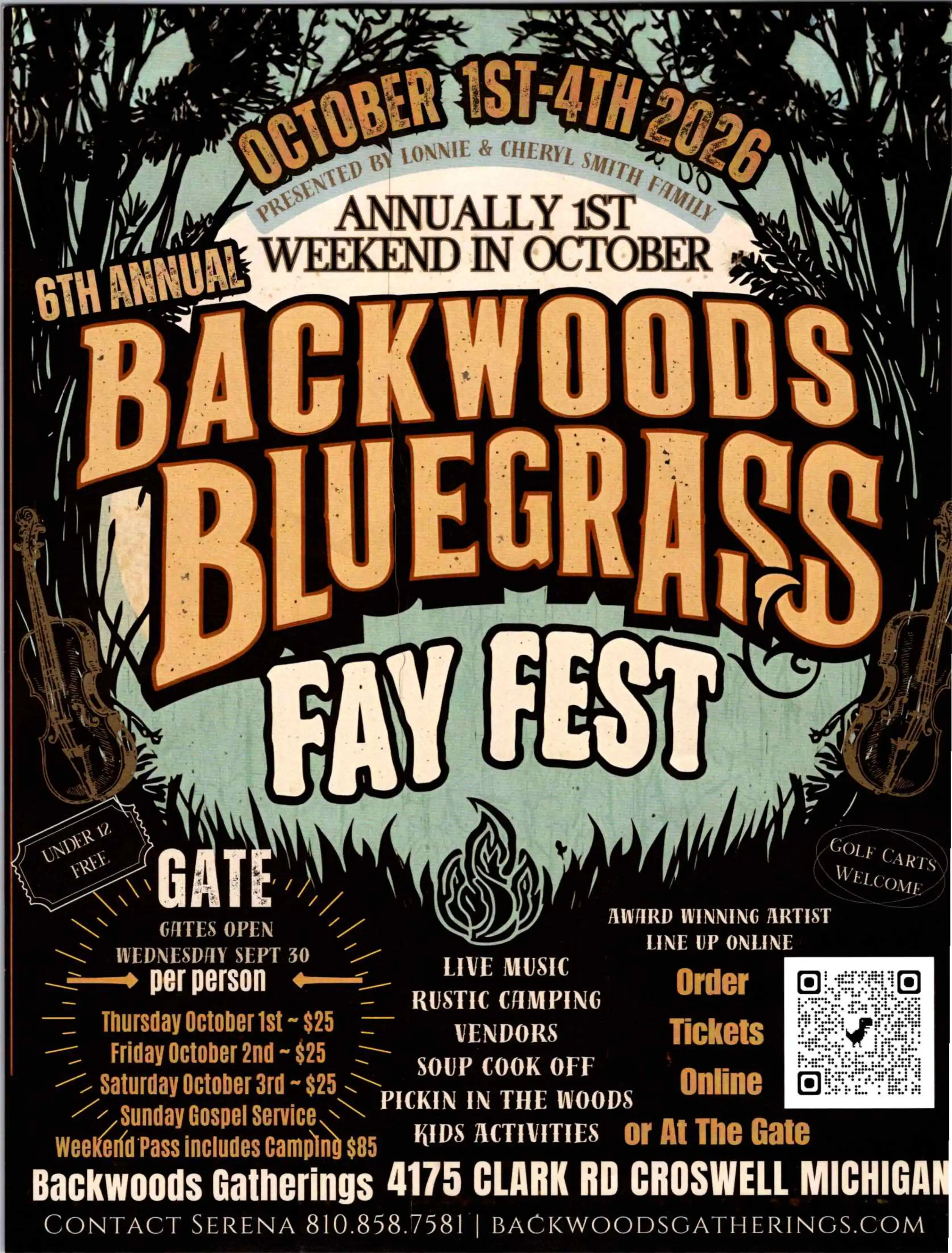 Promotional poster for the 6th Annual Backwoods Bluegrass Fay Fest, taking place from October 1st to 4th, 2026, at 4175 Clark Rd, Croswell, Michigan. Features various musicians and bands, including Dave Adkins and the Kevin Prater Band. Includes details on ordering tickets online or at the gate, along with contact information.