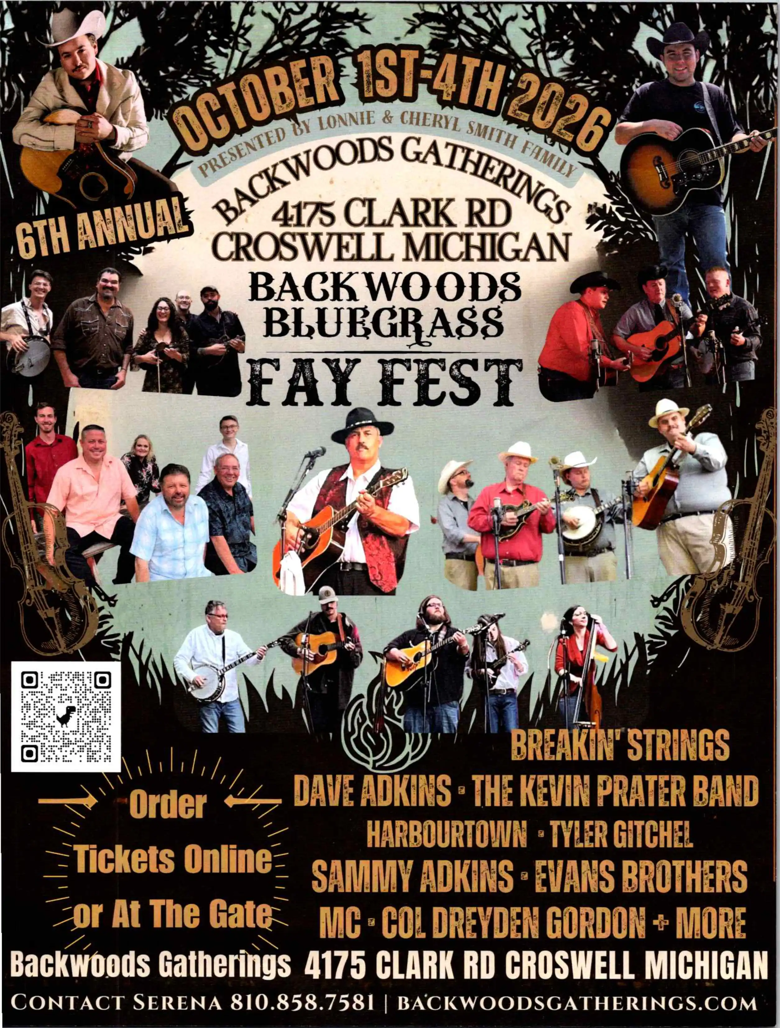 Promotional poster for the 6th Annual Backwoods Bluegrass Fay Fest, taking place from October 1st to 4th, 2026, at 4175 Clark Rd, Croswell, Michigan. Features images of musicians performing, event details, and ticket ordering information.