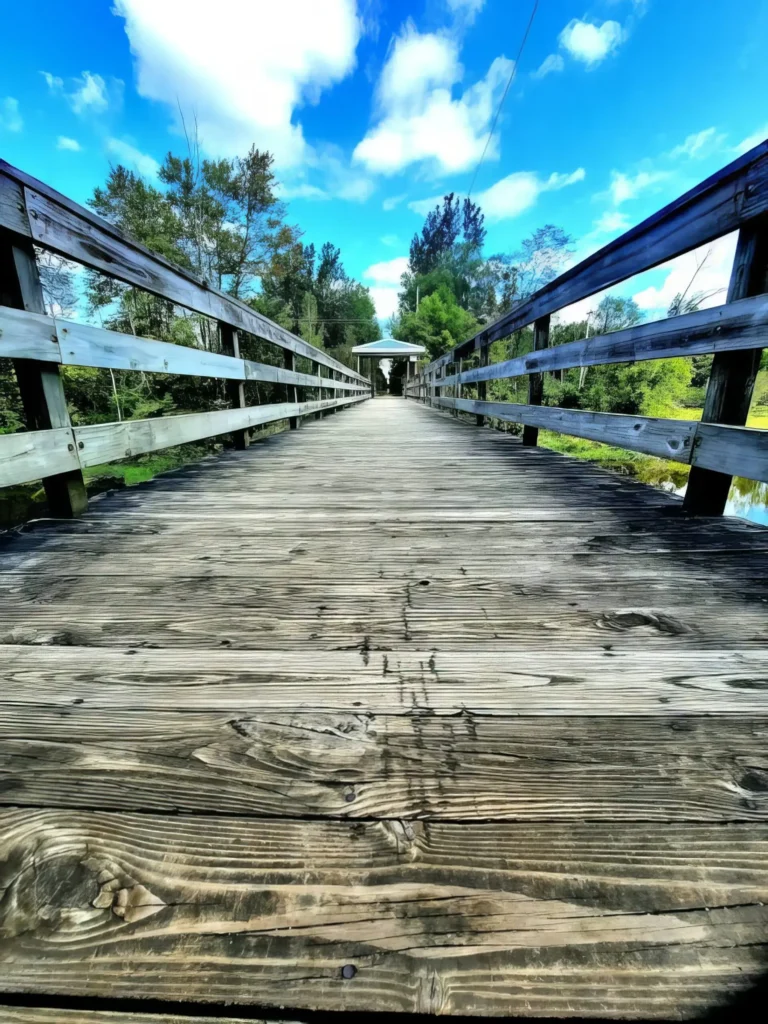 Wooden bridge leading to a gazebo, surrounded by trees under a blue sky with clouds.