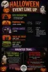 Halloween event lineup poster featuring activities like site decorating, pumpkin roll, costume contest, trick or treat, hay ride, and haunted trail. Includes age groups and details for each event.