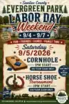 Poster for Sanilac County Evergreen Park Labor Day Weekend, September 4-7, 2026. Events on September 5 include a cornhole tournament at 1 PM and a horseshoe tournament at 3 PM, each costing $10 per team (cash only). The poster features trees, a lake, and camping imagery.