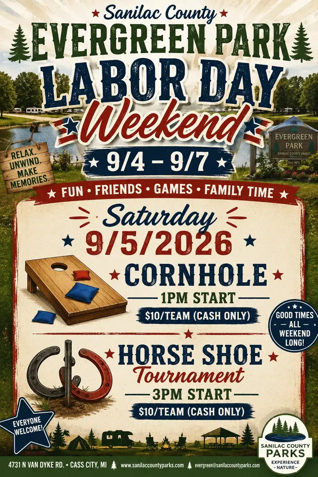 Poster for Sanilac County Evergreen Park Labor Day Weekend, September 4-7, 2026. Events on September 5 include a cornhole tournament at 1 PM and a horseshoe tournament at 3 PM, each costing $10 per team (cash only). The poster features trees, a lake, and camping imagery.