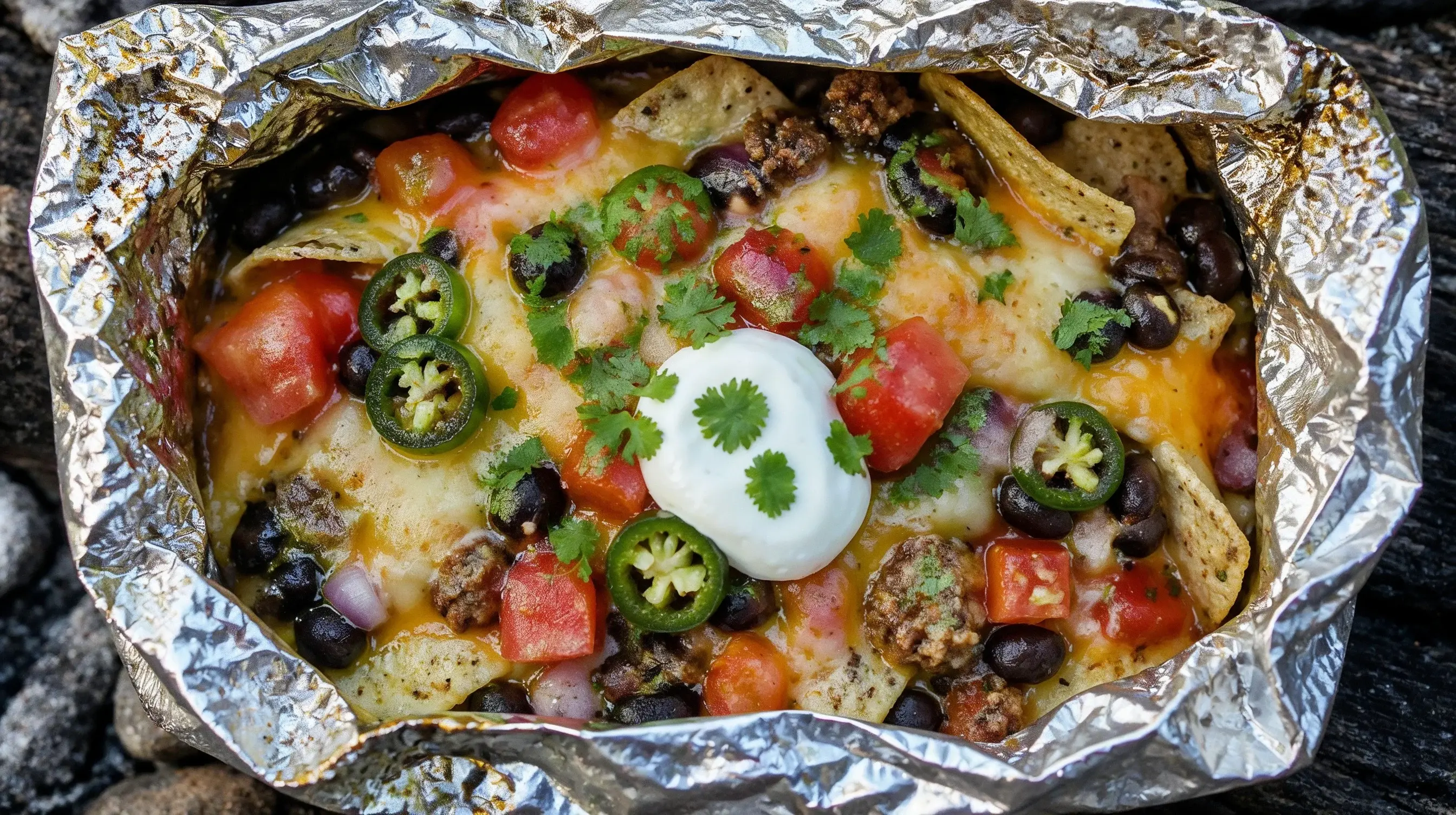 Foil packet nachos topped with jalapeños, tomatoes, and sour cream