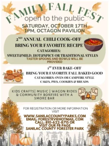 Family Fall Fest flyer featuring event details: date and time (October 17 at 1 PM), location (Octagon Pavilion), and activities including a chili cook-off, bake-off, kids' crafts, music, wagon rides, and a community bonfire with a s'more bar. Contact information for registration is provided.