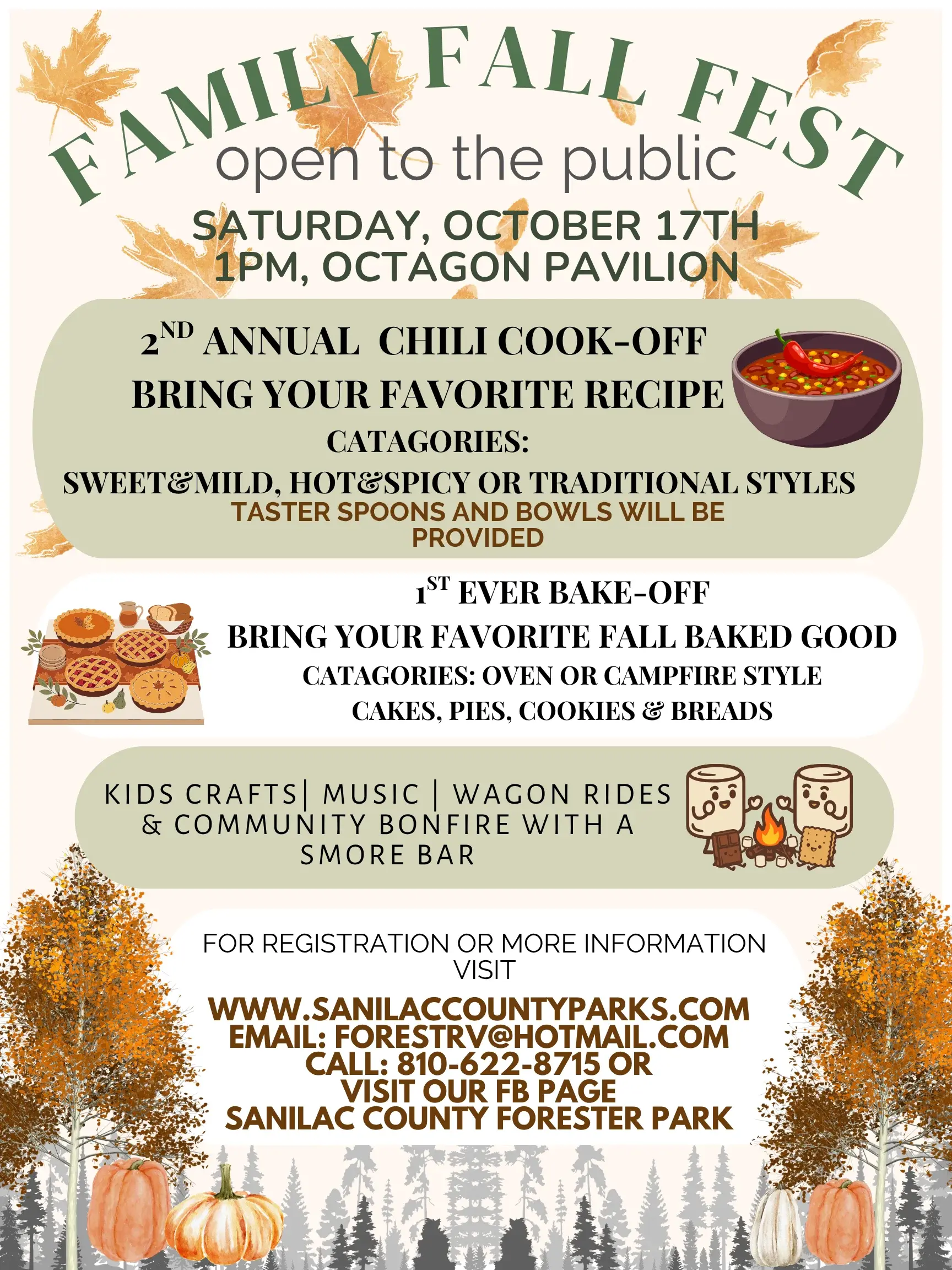 Family Fall Fest flyer featuring event details: date and time (October 17 at 1 PM), location (Octagon Pavilion), and activities including a chili cook-off, bake-off, kids' crafts, music, wagon rides, and a community bonfire with a s'more bar. Contact information for registration is provided.