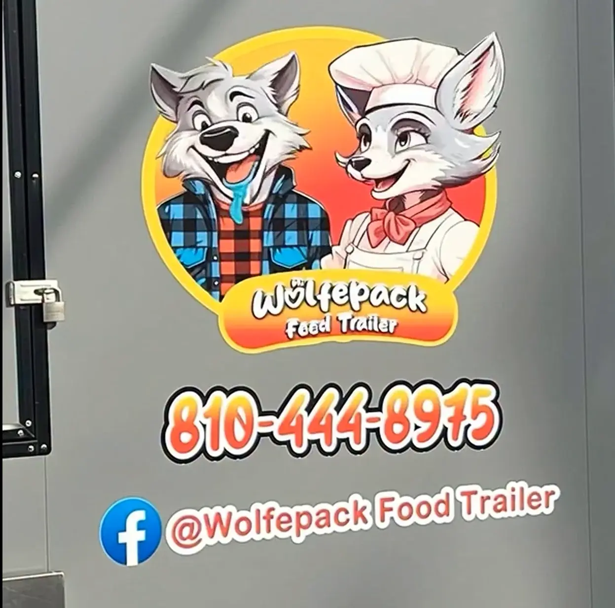 Logo for "WolfePack Food Trailer" featuring two cartoon wolves, one wearing a plaid shirt and the other in a chef's hat. Contact number and social media handle are displayed below.