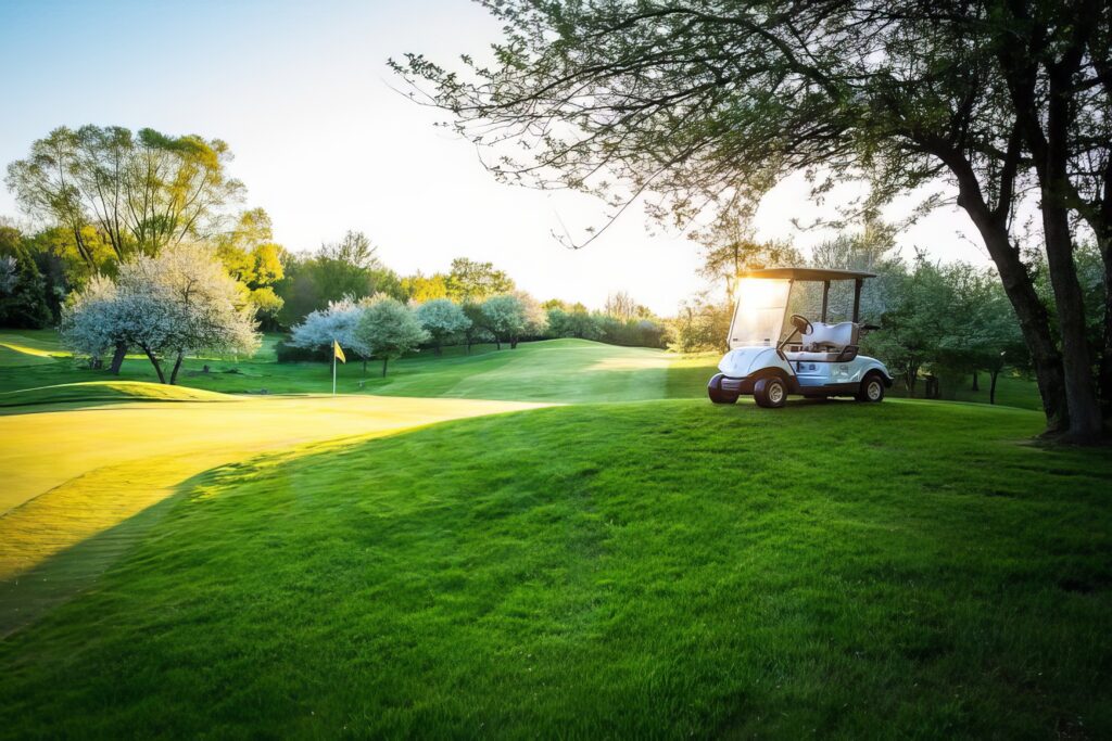 Golf course at sunset with a golf cart on a grassy hill, surrounded by trees and a flag in the distance.