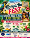 Colorful poster for Margarita Fest 2026, featuring a parrot and tropical elements. Event details: Saturday, August 22, 2026, from noon to 10 PM at Tierney Park, Lexington, Michigan. Highlights include live music, games, prizes, food, and drinks. Family-friendly activities are emphasized.