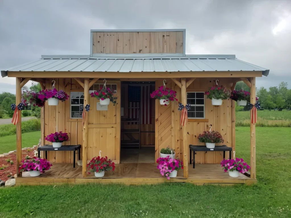 A wooden shed with a metal roof, adorned with hanging baskets of pink and purple flowers. Two small tables with potted plants are on the porch, and American flag-themed decorations hang from the posts. The background shows a grassy field and cloudy sky.