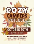 Text on a fall-themed background announces a "Cozy Campers Potluck" on October 10th from 3 PM to 5 PM. It invites attendees to bring their favorite soup, stew, or dessert and provides a phone number for more details.