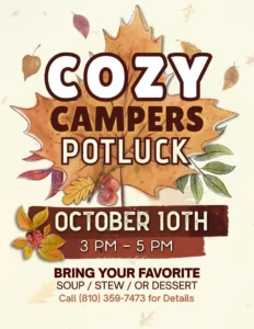 Text on a fall-themed background announces a "Cozy Campers Potluck" on October 10th from 3 PM to 5 PM. It invites attendees to bring their favorite soup, stew, or dessert and provides a phone number for more details.