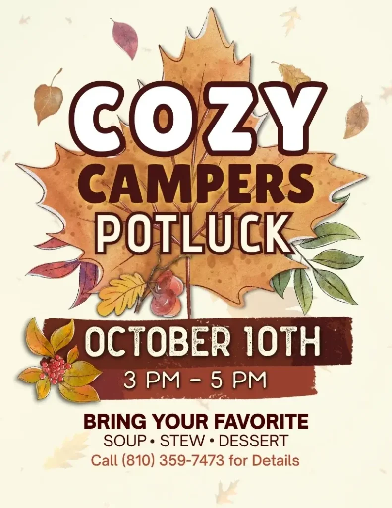Text on a fall-themed background announces a "Cozy Campers Potluck" on October 10th from 3 PM to 5 PM. It invites attendees to bring their favorite soup, stew, or dessert and provides a phone number for more details.