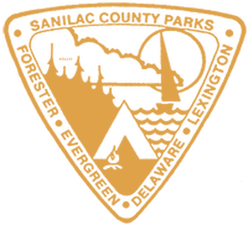 Triangle-shaped emblem with mountain, river, and forest silhouettes, encircled by text.