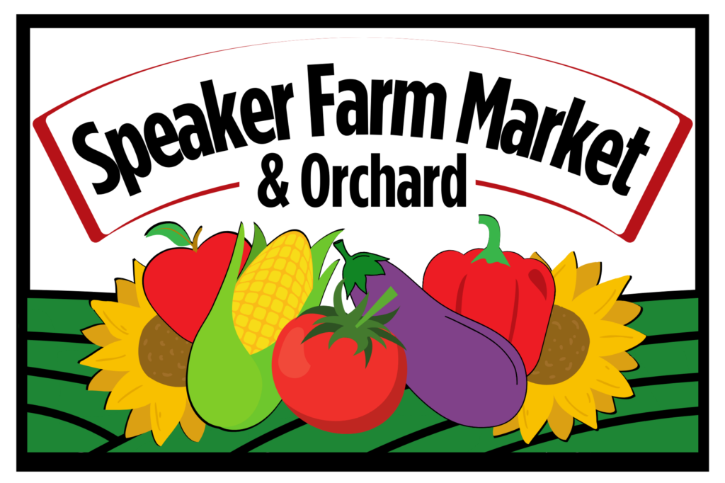 Logo for Speaker Farm Market & Orchard featuring illustrations of fruits, vegetables, and sunflowers.